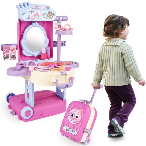 deAO 2 in 1 Makeup Table for Toddler Girls Vanity & Suitcase Set with Fashion Accessories Pretend Play Travel Suitcase Fashion Beauty Set for Girls