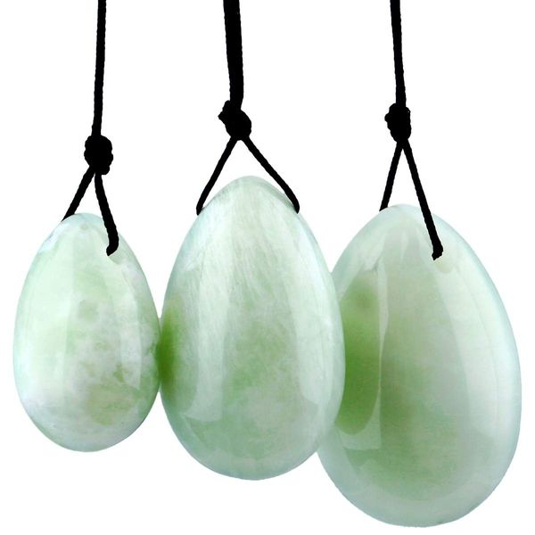 KYEYGWO 3 Pcs Handmade Reiki Healing Stone Drilled Yoni Egg with Unwaxed Cord, Polished Gemstone Massage Stone for Women Pelvic Muscles Exercise, Xiuyan Jade