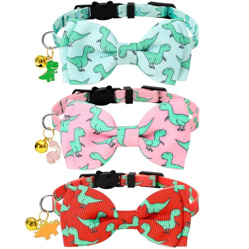 JarThenaAMCS 3Pcs Dinosaur Cat Collar Cute Pink Green Orange Collar with Breakaway Bell Bowknot Adjustable Kitten Collars for Girl Boy Cat Small Pet T-Rex Party
