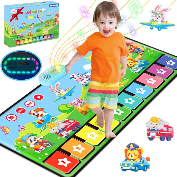MOMUSE Baby Spielzeug ab 1 Jahr mit 80 Tönen, Große Musikmatte mit 10 Tiere & 10Autos, Klaviermatte mit Weiches Licht, 10+ Stufen Lautstärkeanpassung, Geschenke für Jungen Mädchen 1 2 3 (110cm*45cm)