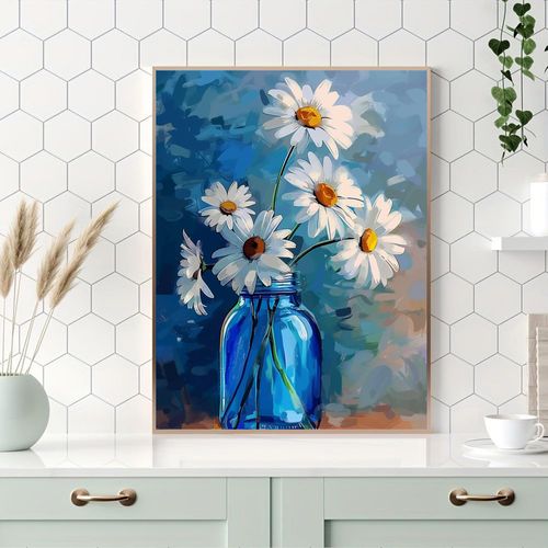 Ohhvvow White Daisy Diamond Art Painting Kits for Adults, Full Drill Blue Vase Flower Diamond Dots Paintings for Beginners, Blue Round 5D Paint with Diamonds Painting Kits for DIY Crafts, 12x16 Inch