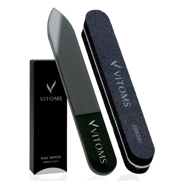 VITOMS Nail File, Nail Polish, Professional Manicurist Recommendation, Nail File, Nail Polish, Polished, Glass, Nail Care (Includes Explanation Video), Black, Straight