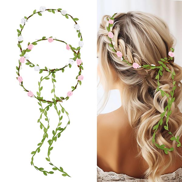 Andibro Rose Leaf Headband,2pcs Floral Wedding Headpieces Handmade Bridal Crown Ladies Garland Headdress for Women (Pink+White)