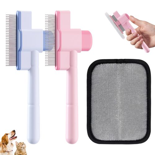 2PCS Flea Comb for Cats and Dogs with Pet Hair Remover Glove, Self Cleaning Pet Flea Cat Grooming Brush with Release Button for Massaging and Cleaning Shedding Pets Hairs