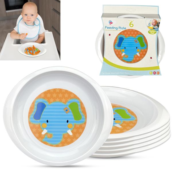 6 Piece Baby Feeding Plates, Easy Clean Kids Plates, Elephant Painted Stickers, Break-Resistant Toddler Meal Plates, Non-Slip Kids Plates - 22cm