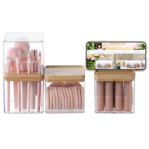 Makeup Brush Holder Comb with Cover Makeup Containers Organizers Set Makeup Holder Box Cosmetic Case With Lid Waterproof Dustproof Beauty Skincare Organizer Bathroom Vanity Countertop,Gift,Clear，3PCS