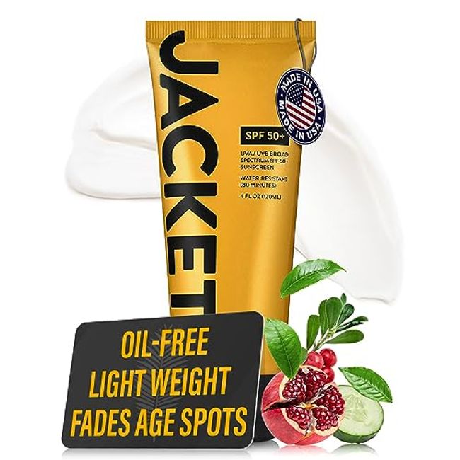 JACKET Sport Sunscreen SPF 50+, Water Resistant, Oil Free, Anti-Aging Cream, Vitamin and Antioxidant Enriched, Age Spot Remover, Oxybenzone Free, Sun Screen Protector for Face and Body - 4 FL OZ