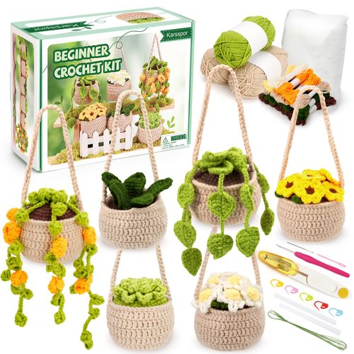 Karsspor Beginner Crochet Kit - 6 PCS Hanging Potted Plants Crochet, Crochet Starter Kit with Detailed Instructions and Video Tutorials, Complete Crochet Kit for Adults (Patent Product)