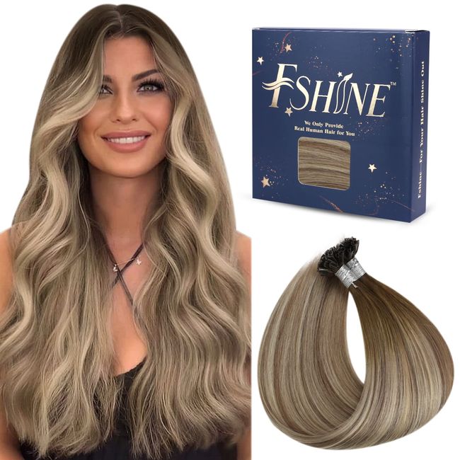 Fshine Fusion Hair Extensions Human Hair 14 Inch Balayage Dark Brown Fading to Light Brown with Lignt Blonde Blonde Extensions Bondings Invisible 50g/50s #3/8/22