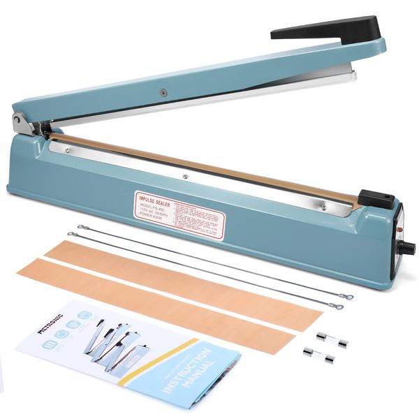 METRONIC Impulse Sealer 16 inch, Manual Heat Sealer Machine for Plastic Bags, Shrink Wrap Bag Sealers Heavy Duty Sealing Machine With Repair Kit ( Blue )