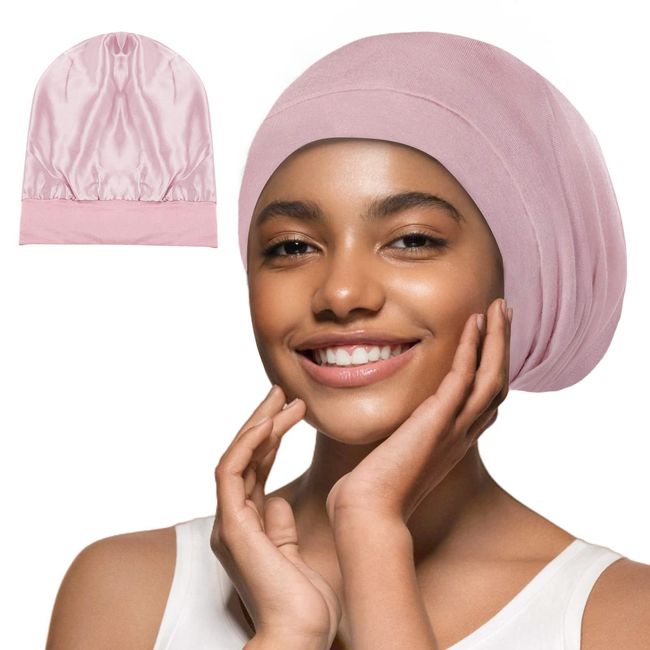 iCooBreeze Satin Hair Bonnet for Sleeping, Silky Satin Lined Sleep Cap for Women and Men, Night Hair Wrap for Curly Hair, 1PC Pink