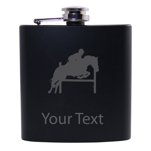 Personalized Custom Equestrian Horse Jumping Black Stainless Steel Hip Customizable Flask