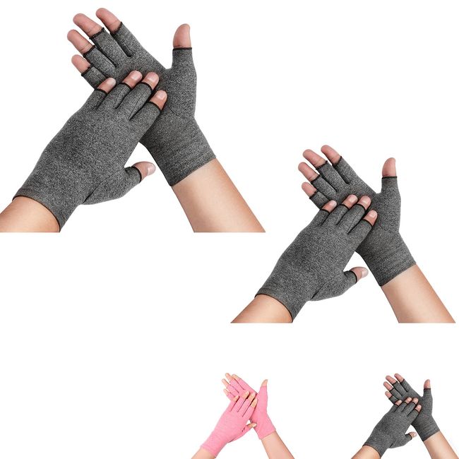 supregear Arthritis Gloves (2 Pairs), Rheumatoid Arthritis Compression Gloves for Arthritis Hands, Pain Relief Gaming Typing Fingerless Gloves for Women Men (Grey, M)