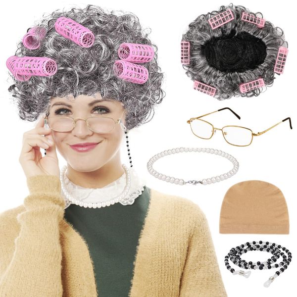 PHOGARY Old Lady Costume Set, Old Lady Wig Set Granny Wig Cap with Hair Rollers, Grandma Glasses, Eyeglass Chain, Pearl Necklace Grandmother Dress Up Accessories for Dress Up Party Cosplay