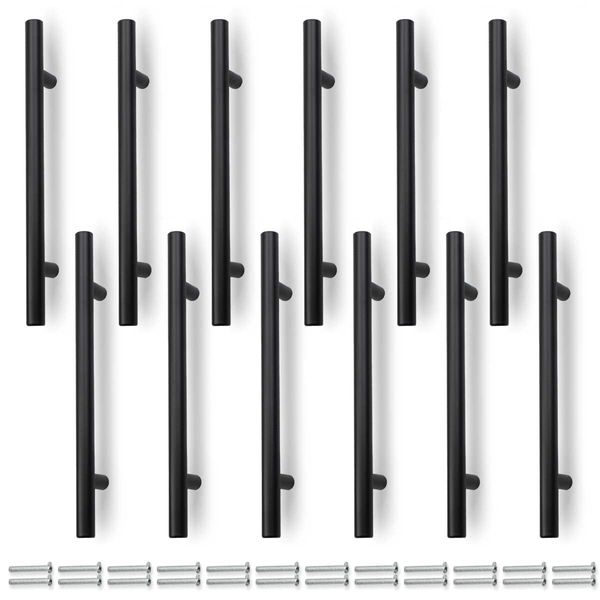 Bwintech 12 Pcs 200MM (128MM Hole Center) Matte Black Cabinet Pull Handles Kitchen T Bar Handles, Stainless Steel, Ideal for Cabinet, Drawer, Cupboard