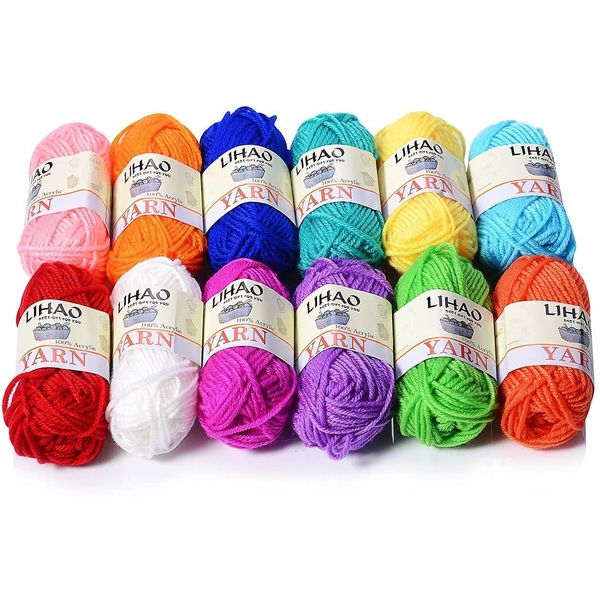 LIHAO Crochet Yarn Coloured Acrylic Knitting Yarn Set (12 pack, 26m/roll)