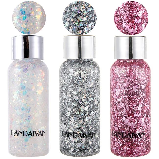 Sequin parlak pudra, 3 sevilen Chunky Powder jel, parıltılı payet, tırnak için yüz parıltısı, chunky glitter, yüz, saç, tırnak, vücut için, parti makyaj dekorasyonu (beyaz + gümüş + pembe)