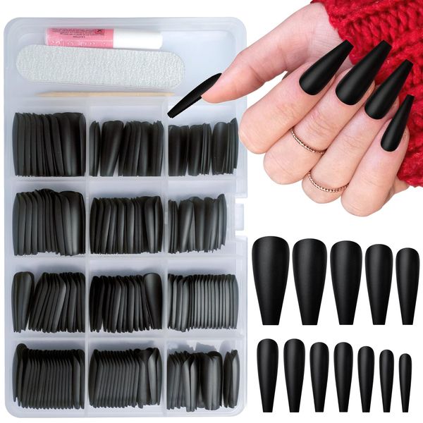 AddFavor Long Press on Nails Black Matte Ballerina Fake Nails Full Cover False Acrylic Nail for Women, 240pcs Black Nails with Nail Glue Adhesive Tabs File Tools