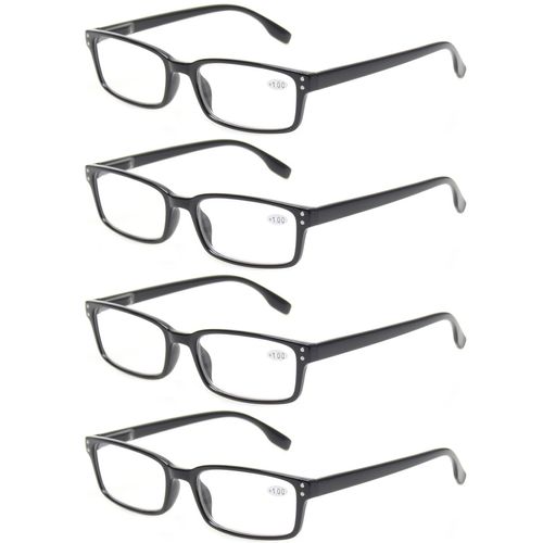 Kerecsen 4-Pack Rectangular Retro Style Men Reading Glasses Spring Hinges Comfortable Readers (+1.25, 4 Pack Black)