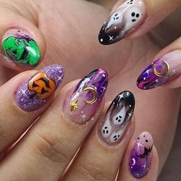 Short nail tips, fake nail tips, short nail Halloween designs, pumpkin, spider, bat, skeleton, DIY nails, easy gel nails, nail stickers, cute Halloween, party, photography accessories, eye-catching, popular, fake nail supplies, double-sided tape 48 sheets