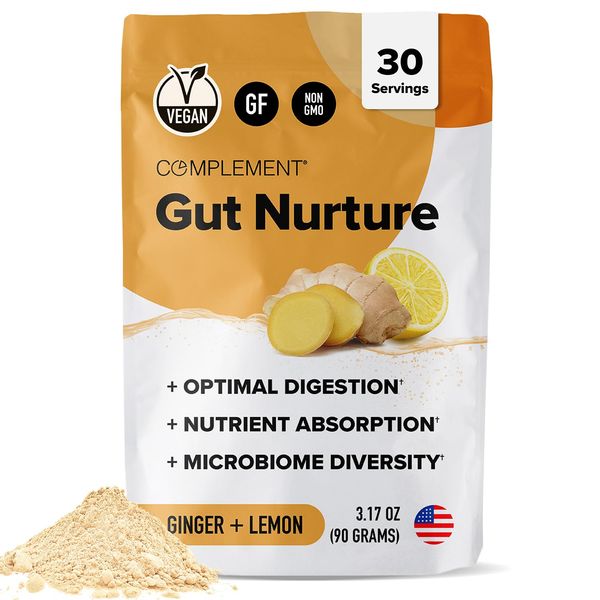 Complement Gut Nurture Prebiotic + Postbiotic Superfood Powder for Leaky Gut Repair, Probiotics for Digestive Health - Ginger Root - 30 Servings