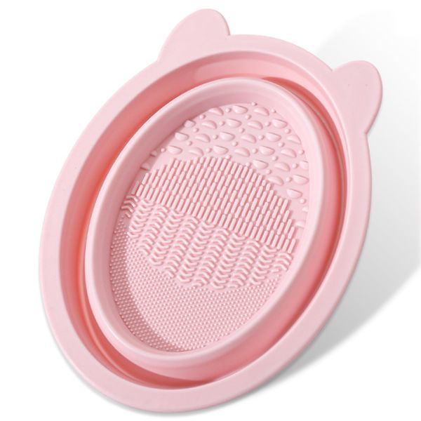 Makeup Brush Cleaning Silicone Mat, Make up Brush Cleaning Mat Foldable Makeup Brush Cleaner, Portable Makeup Brush Cleaning Pad, for Makeup Sponge, Powder Puff, Brush(Pink)