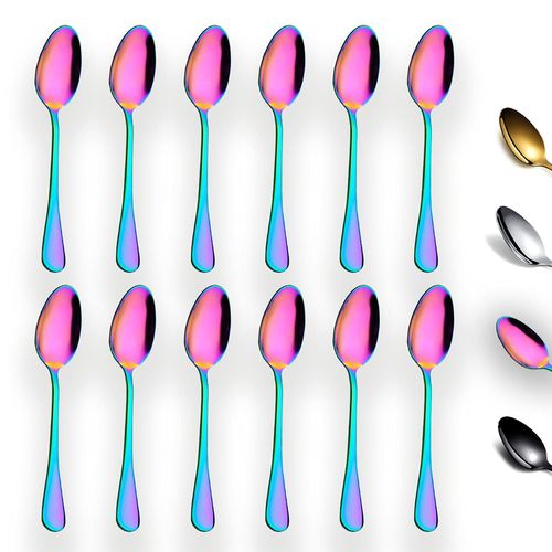 Rainbow Teaspoons 6.5" Set of 12, Berglander Stainless Steel Titanium Plating Shiny Mutil-Color Tea Spoons Silverware, Colorful Tea Spoon Small Dessert Spoon Teaspoon Easy To Clean Dishwasher Safe