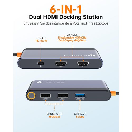 NOVOO USB C Docking Station 4K@60Hz Dual HDMI USB C Hub Adapter with 2 HDMI 4K @ 60Hz, PD 100W Fast Charging, 3X USB-A for MacBook Pro M2, Dell, HP, Lenovo, Surface and More Type C Devices