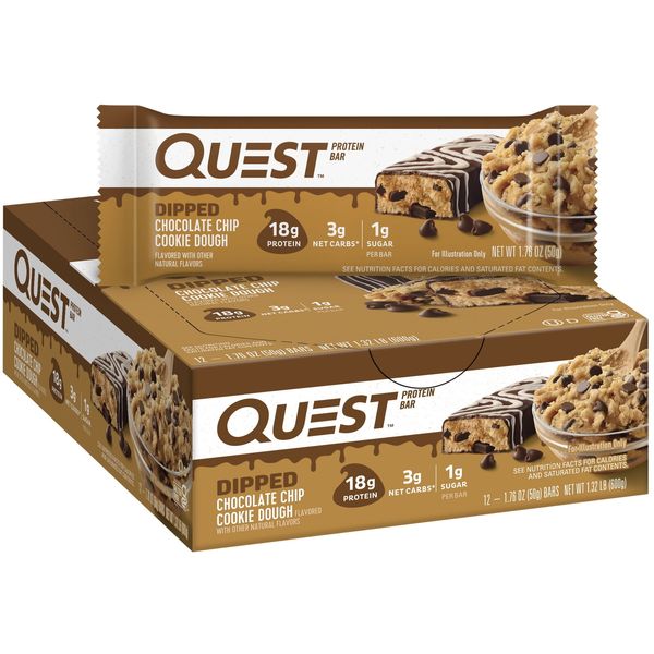 Quest Nutrition Dipped Chocolate Chip Cookie Dough Protein Bars, 12 Count