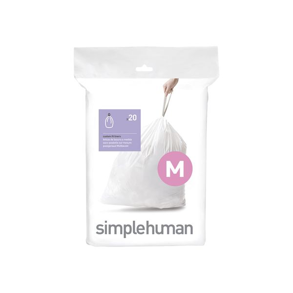 simplehuman Code M Custom Fit Drawstring Trash Bags in Dispenser Packs, 20 Count, 45 Liter / 11.9 Gallon, White