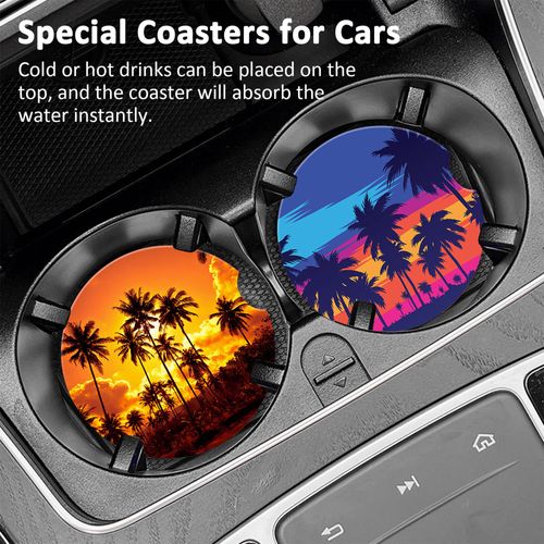 Neidius Coconut Palms Sunset Car Coaster for Cup Holders,Tropical Palm Tree Beach Car Cup Holder Coaster Ceramic Car Drink Coasters for Most Car Set of 2 Absorbent Auto Cup Holder 2.56"