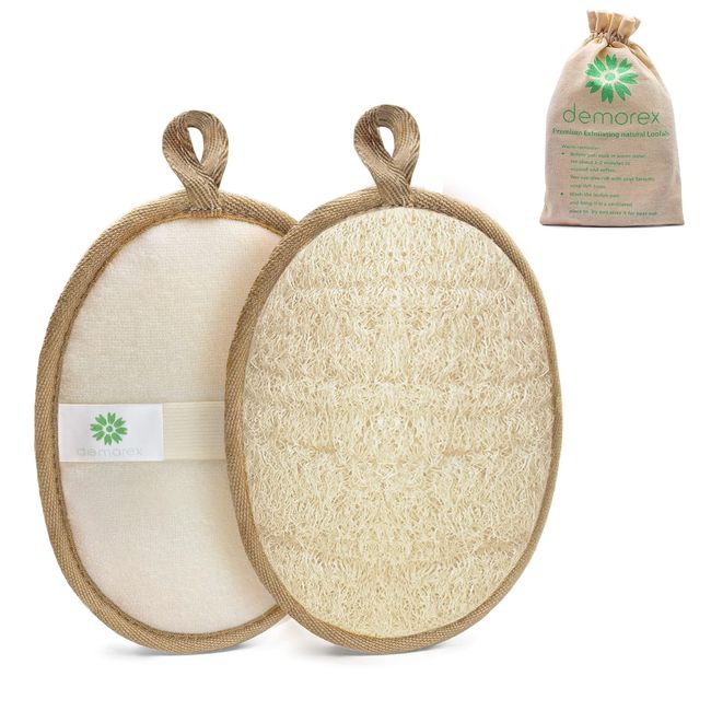 Natural Loofah Sponge Exfoliating Body Scrubber (2 Pack), Made with Eco-Friendly and Biodegradable Shower Luffa, Large Exfoliator Pad for Women and Men