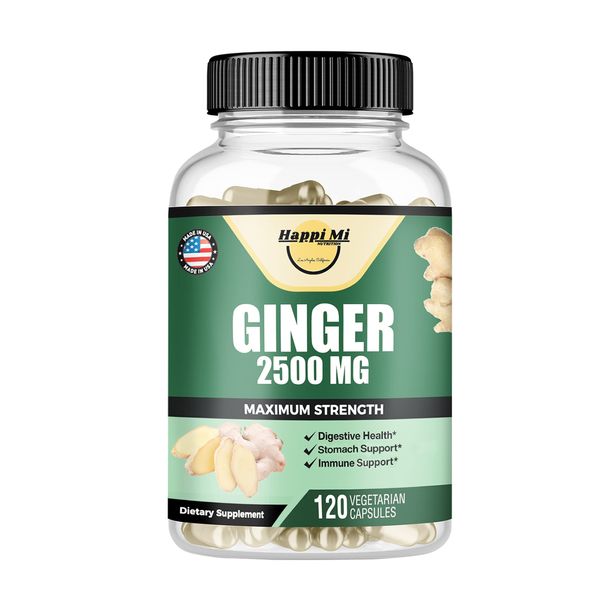 Happi Mi Nutrition Ginger Root Capsules Made with Organic Ginger Root Powder 2500mg per Serving, Digestive Health Support, Immune Support, Stomach Support, 120 Vegetable Capsule 40 Servings