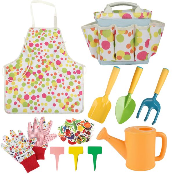 GIFTRRTOY Kids Gardening Set, Kids Gardening Tools with Watering Can, Shovel, Rake, Gloves, Waterproof Apron and Storage Bag, Children Garden Tool for Boys Girls Age 3 4 5 6 7 8