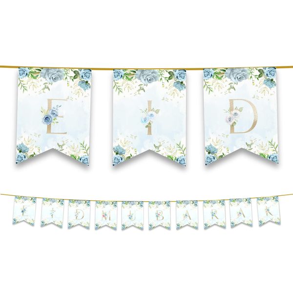 Happy Eid Mubarak Bunting Party Flags - Eid Decorations - Decor Banner Partyware (Blue Floral)