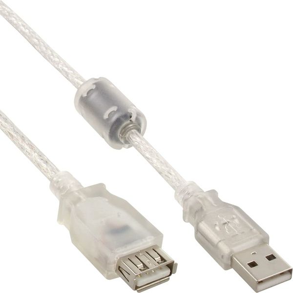 InLine® USB 2.0 Verlängerung, Stecker/Buchse, Typ A, transparent, mit Ferritkern, 1,8m