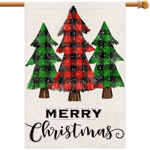 Christmas Tree House Flag 28 X 40 Inch Double Sided Burlap, Merry Christmas Sign Winter Holiday Yard Xmas Large Flags for Outside DF478-28