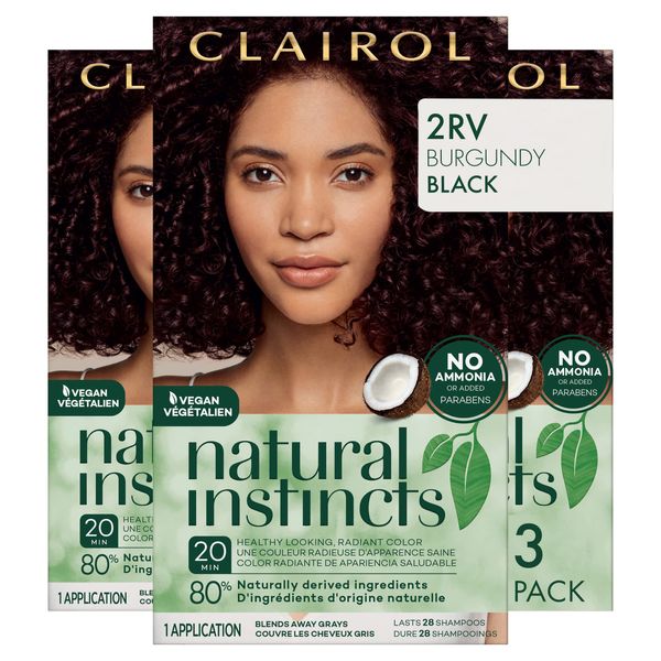 Clairol Natural Instincts Demi-Permanent Hair Dye, 2RV Burgundy Black Hair Color, Pack of 3