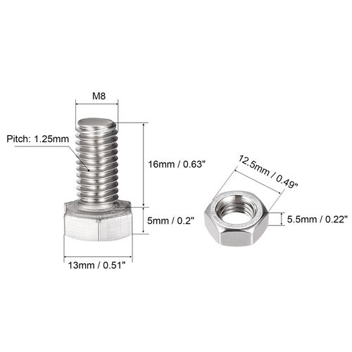 sourcing map M8 x 16mm Hex Head Screws Bolts, Nuts, Flat & Lock Washers Kits, 304 Stainless Steel Fully Thread Hexagon Bolts 4 Sets