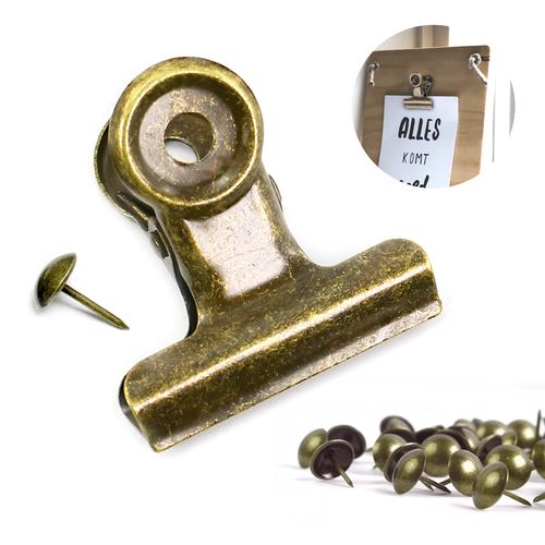 YUCHIYA 32 Pack Metal Clips with 32 Push-pins for Corkboard,Bulldog Clips for Hanging Pictures,Small Hinge Clips for Photos Crafts,Mini Binder Clips Paper File Clamps for Office School(1 Inch,Bronze)