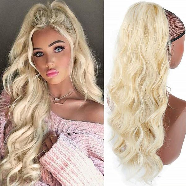 YEESHEDO Blonde Long Wavy Ponytail Hair Extension for Women Drawstring Ponytail Hair Extensions Clip in Curly Synthetic Hairpiece 24" (color: 613#)
