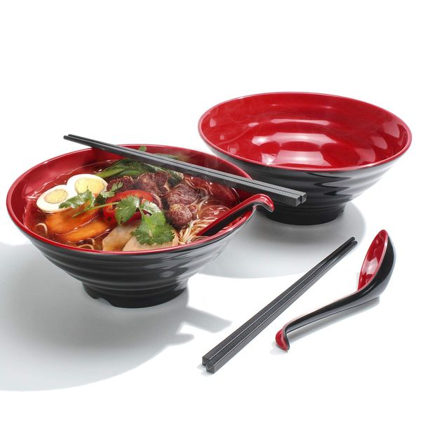 Lanbent Ramen Bowl Set, 1032 ml Japanese Soup Bowl with Spoon and Chopsticks, for Pasta Udon Pho Asian Noodles, Dishwasher Safe (2PCS)