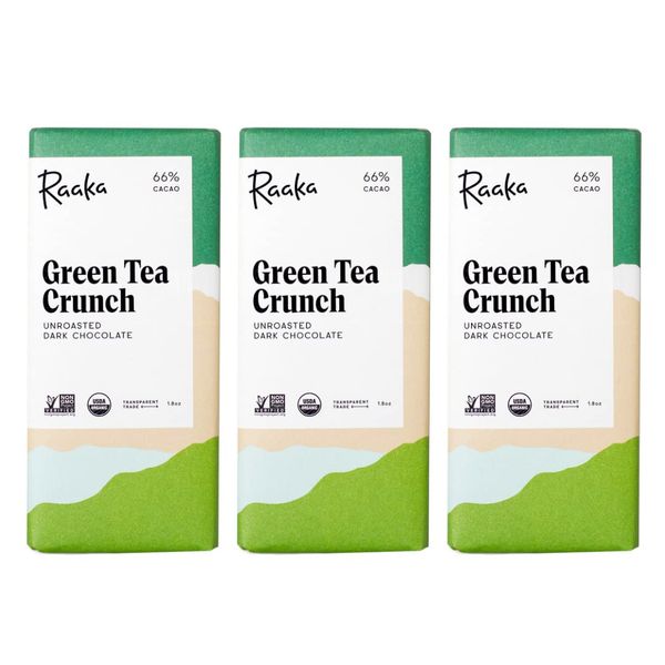 Raaka Chocolate Green Tea Crunch 66% Cacao Dark Chocolate | Gourmet Dark Chocolate Gift | Organic, Vegan, Fair Trade, Soy Free, Non GMO, Gluten Free, Kosher | 1.8oz Bars, 3-Pack