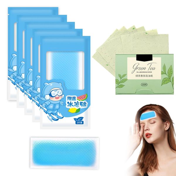 10pcs Instant Cooling Patch+1 Stück Gesichts-Löschpapier, Stirn Cold Cooling Sticker Sheets, Gesichtsöl Blotting Paper, Für Erwachsene Kühlende Patches, Anti-hitzschlag-pflaster Erfrischender Patch