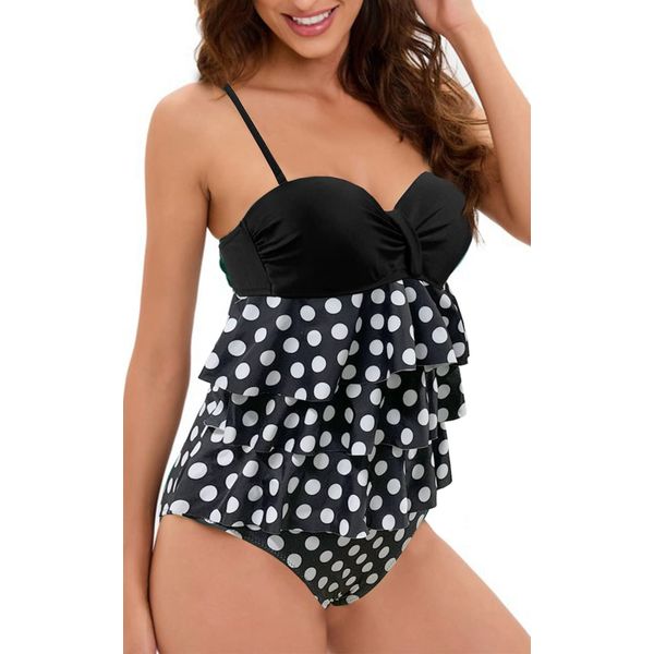 Rayson Women’s Tankini One Piece Swimsuit Ruffled Flounce Monokini Retro Bathing Suit Push Up Bandeau Tummy Control Backless Cutout Swimwear (Polka Dot, XXL)