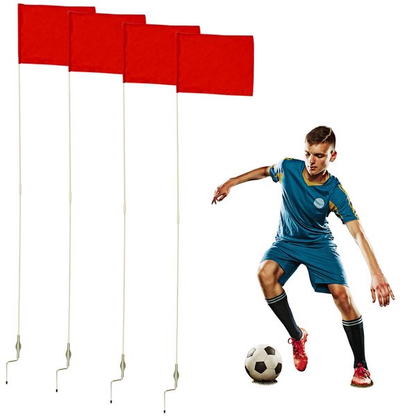 Get Out! Soccer Corner Flags Set of 4-60 Inch Training Agility Poles - Large 13 x 10 Inch Soccer Practice Flags - Spring Mounted Spike Anchored Corner Flag Poles for Outdoor Grass Fields