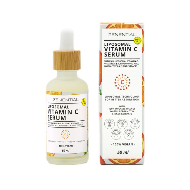 Zenential | Gesichtserum 10% Liposomal Vitamin C + Vitamine E und F, Hyaluronsäure und Bioplacenta | 50 ml | Anti-Aging, Anti-Falten, Anti-Fleck, feuchtigkeitsspendend | 98,4% natürlich, vegan