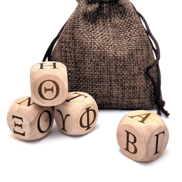 The Greek Alphabet Wooden Dice Set, 24 Carved Greek Letters Pattern Cube Rolling Dices for Teaching Party Game (Capital, 4Pcs/Set)