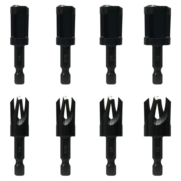 Wood Plug Cutters, 4 pcs Straight Wood Plug Cutters & 4 pcs Tapered Plug Cutters Set with 1/4 Hex Shank, Taper Cutting Tool Cork Drill Bit Knifes in 4 Sizes 1/4", 5/16", 3/8", and 1/2" Black