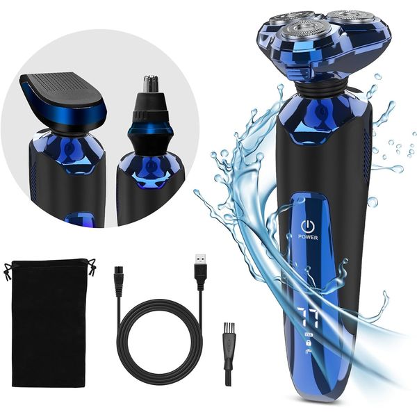 Electric Razor for Men, 3 in 1 Shavers for Men, IPX7 Waterproof Wet and Dry Mens Electric Shavers, Cordless Rechargeable Rotary Shavers Sideburn Nose Trimmer with LED Display & Travel Lock